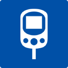 Blue square sign with white icon of a INR monitoring