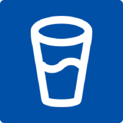 White icon of a glass of water on a blue background
