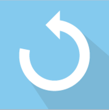 White circular arrow pointing clockwise on light blue background