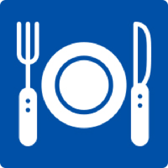 Blue square sign with white symbols of a fork, plate, and knife